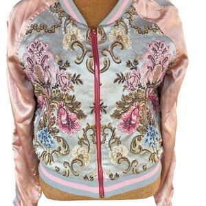 Floral Embroidered Satin Bomber Jacket